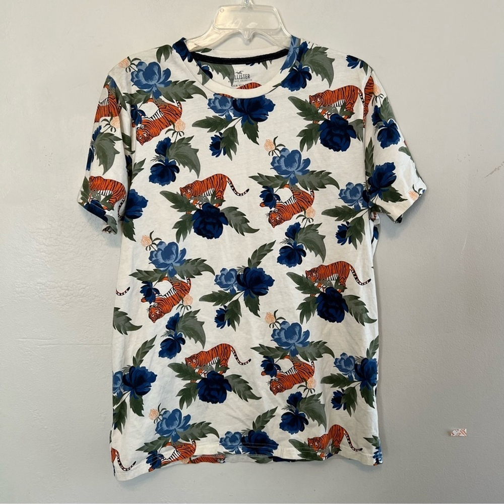 Hollister Tiger‎ & Flowers All Over Print Novelty T-Shirt Large